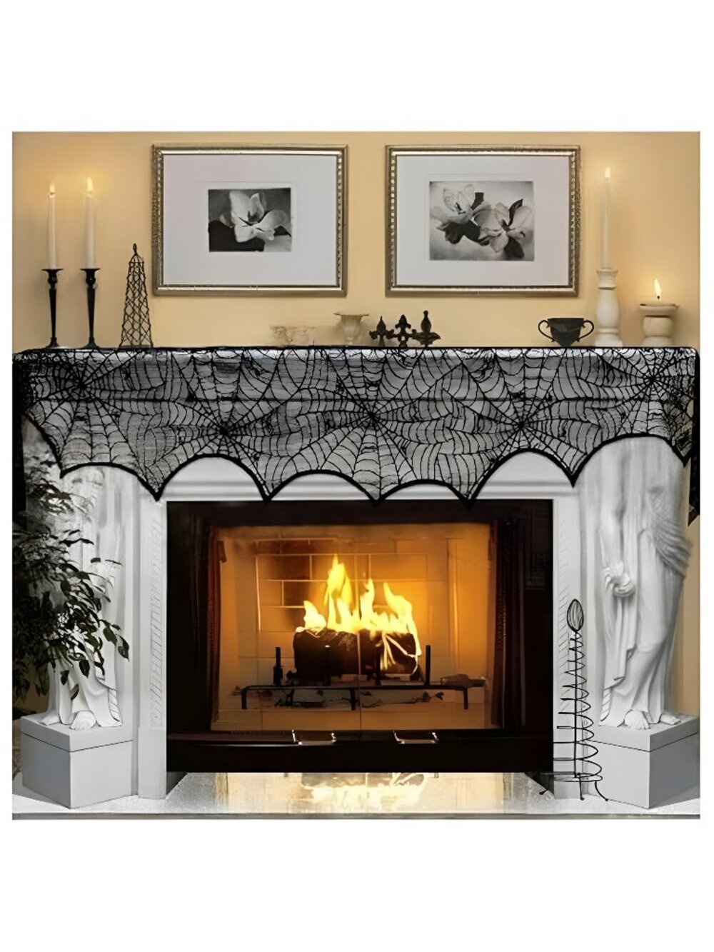 Halloween Decoration Black Lace Spiderweb Fireplace Mantle Scarf Cover Festive
